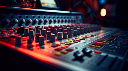 Audio mixing console in the recording studio. Selective focus. Shallow depth of field