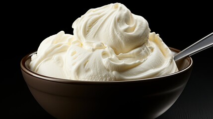 Vanilla ice cream balls in a bowl, on black plain background.