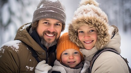 Canadian family portrait, posing happy outdoors on a winter day.