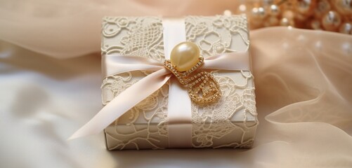 A sophisticated, cream-colored Valentine's gift box with an elegant pearl clasp, set on a backdrop of delicate lace fabric.