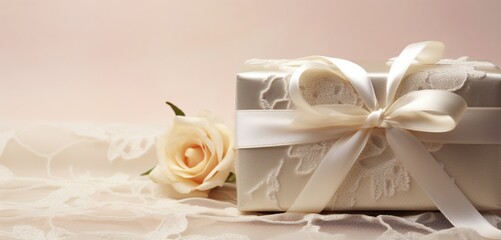 Fototapeta na wymiar A sophisticated, cream-colored Valentine's gift box with an elegant pearl clasp, set on a backdrop of delicate lace fabric.