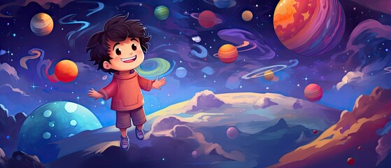 Cute boy randomly waving in space with colorful planet destroying , cartoon illustration with colorful background - obrazy, fototapety, plakaty