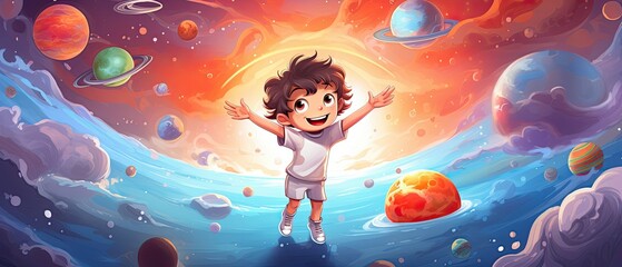 Obraz na płótnie Canvas Cute boy randomly waving in space with colorful planet destroying , cartoon illustration with colorful background