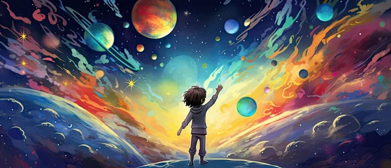 Foto op Plexiglas Cute boy with long hair waving in space with many colorful planet destroying cartoon illustration colorful background © SaroStock