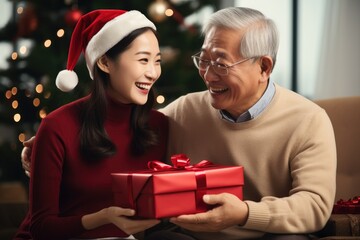 Fototapeta na wymiar Generational Joy: A Grandfather and Granddaughter Sharing a Christmas Gift 