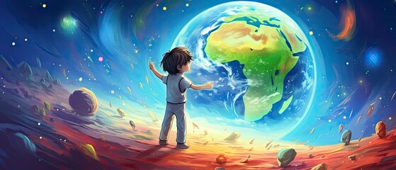 Cute boy with long hair waving in space with many colorful planet destroying cartoon illustration colorful background - obrazy, fototapety, plakaty