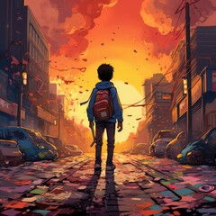 Obraz premium Lonely cartoon boy walking alone in street with kind smiley face, destroying city cartoon illustration