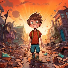Lonely cartoon boy walking alone in street with kind smiley face, destroying city cartoon illustration