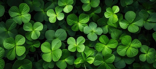  a bunch of green leaves that are in the shape of four leafed clovers on a dark green background.