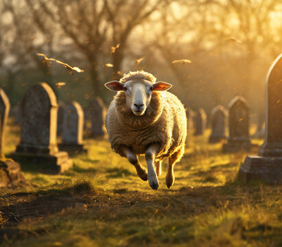 A sheep is in the cemetery