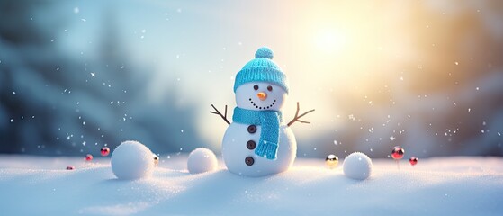  a snowman with a blue knitted hat and scarf standing in the snow surrounded by small white snowballs.