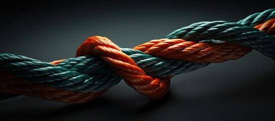  a close up of an orange and blue rope on a black background with a shadow of the rope on the left side of the rope. - obrazy, fototapety, plakaty