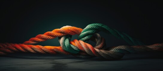 Obraz premium a group of multicolored ropes on a black background with a green and orange one on top of the rope.