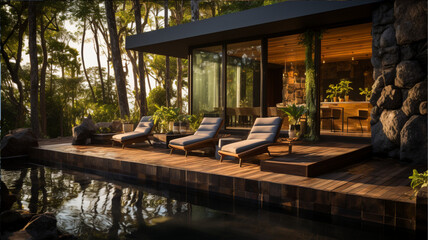 Outdoor sauna, wood bathtub exterior, black Wood, Samaná, Dominican Republic, Golden hour, near the beach, Modernism