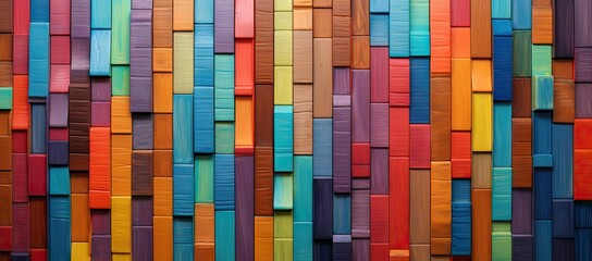  a close up of a multicolored wall made of strips of wood with a red, yellow, blue, green, and orange color scheme.