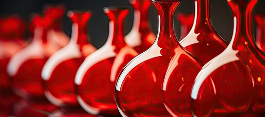  a row of red vases sitting next to each other on a red table with a black wall in the background.