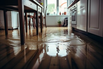 Contemporary Kitchen Chaos: A Close-Up of Waterlogged Flooring - obrazy, fototapety, plakaty