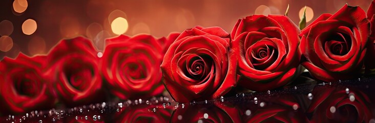  a group of red roses sitting on top of a black table next to a wall with lights in the background.