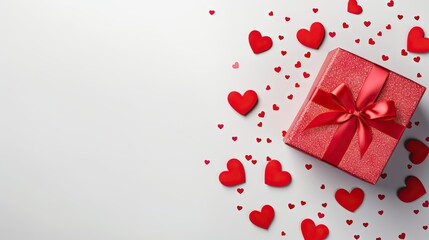  a red gift box with a red bow on a white background surrounded by red heart shaped confetti hearts.