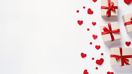  a group of gift boxes with red bows and hearts on a white background with confetti in the shape of hearts.