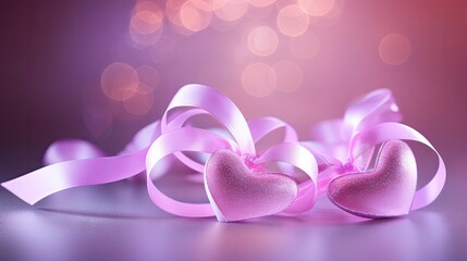  a close up of a pink ribbon with a heart shaped bow on a purple background with boke of lights in the background.