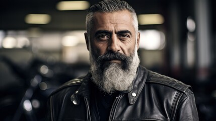 Bearded middle-aged biker man in leather jacket