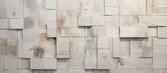  a close up of a wall made out of blocks of white and brown paint with a black object in the middle of the photo.