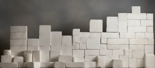  a pile of white cubes sitting on top of a wooden table next to a wall of white cubes.