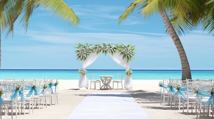 On a beach, there is a blue and white wedding aisle surrounded by palm trees with the sea in the background.