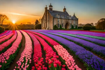 A field of  Triumph Tulips   flowers in front of a building placing in an outdoor garden looks very peaceful and eye-catching showing contrast with the background garden at dusk time