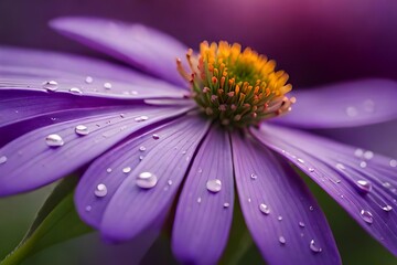 A purple flower with dew on its petals giving reflection 