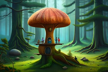 A giant mushroom home with colorful spots and windows in forests along with tall trees - obrazy, fototapety, plakaty