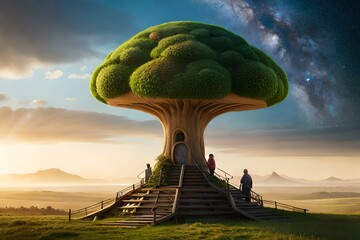 tree home that looks like a giant mushroom with colorful spots and windows shaped like stars for a family  - obrazy, fototapety, plakaty