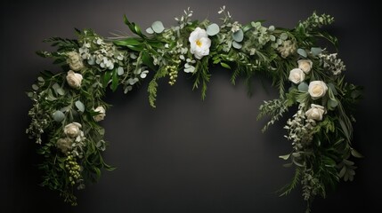 The arch is adorned with eucalyptus and various fresh flowers in a beautiful way