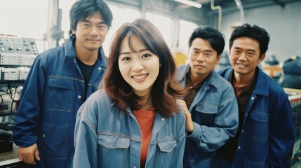 Employees of a factory producing Asian computer technology parts - obrazy, fototapety, plakaty