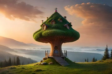 tree home that looks like a giant mushroom with colorful spots and windows shaped like stars for a family of whimsical squirrels - obrazy, fototapety, plakaty