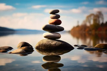 Foto op Canvas Harmonie am Ufer - Balancierte Steine schaffen natürliche Zen-Ästhetik am See © Seegraphie