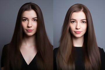Young Smiling Woman Showing Dramatic Hair Transformation - obrazy, fototapety, plakaty