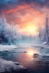 Beautiful winter landscape with lake