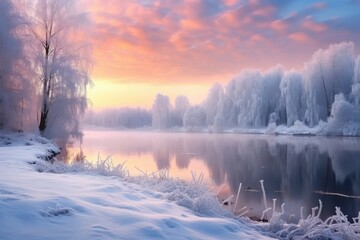 Fototapeta premium Beautiful winter landscape with lake