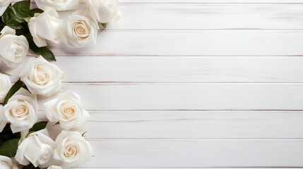 The roses are stunning against the stunning white wooden background, and there is space to the right.