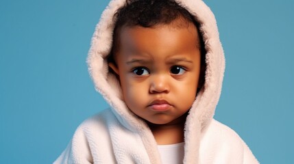An infant in sadness, wearing a tiny bathrobe, set against a soft blue studio background. - obrazy, fototapety, plakaty