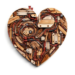 Heart made up of scraps of robot wood. 2D vector. White background.