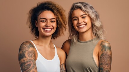 Two happy, athletic women with tattoos, smiling against a beige studio backdrop.