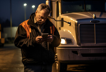 Mid-aged truck driver checks his cell phone