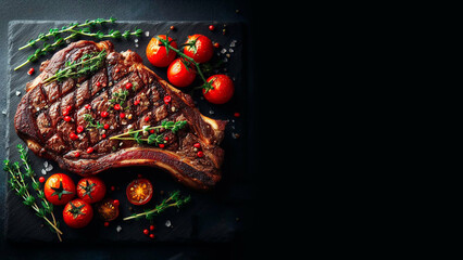 Juicy barbecue steak on a black background. Place for text - obrazy, fototapety, plakaty