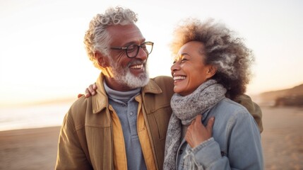 Diverse elderly couple enjoys beach sunset