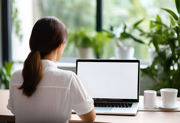 Over shoulder closeup view of female student wearing glasses businesswoman looking at empty blank mockup screen for advertising, having virtual videoconference. Remote e learning online work concept. 