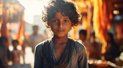 Hopeful eyes of a young South Asian boy in a bustling market