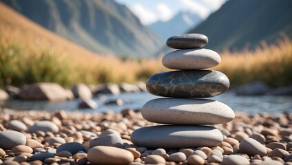 stacked stone pebbles on top of each other, behind a blurred background